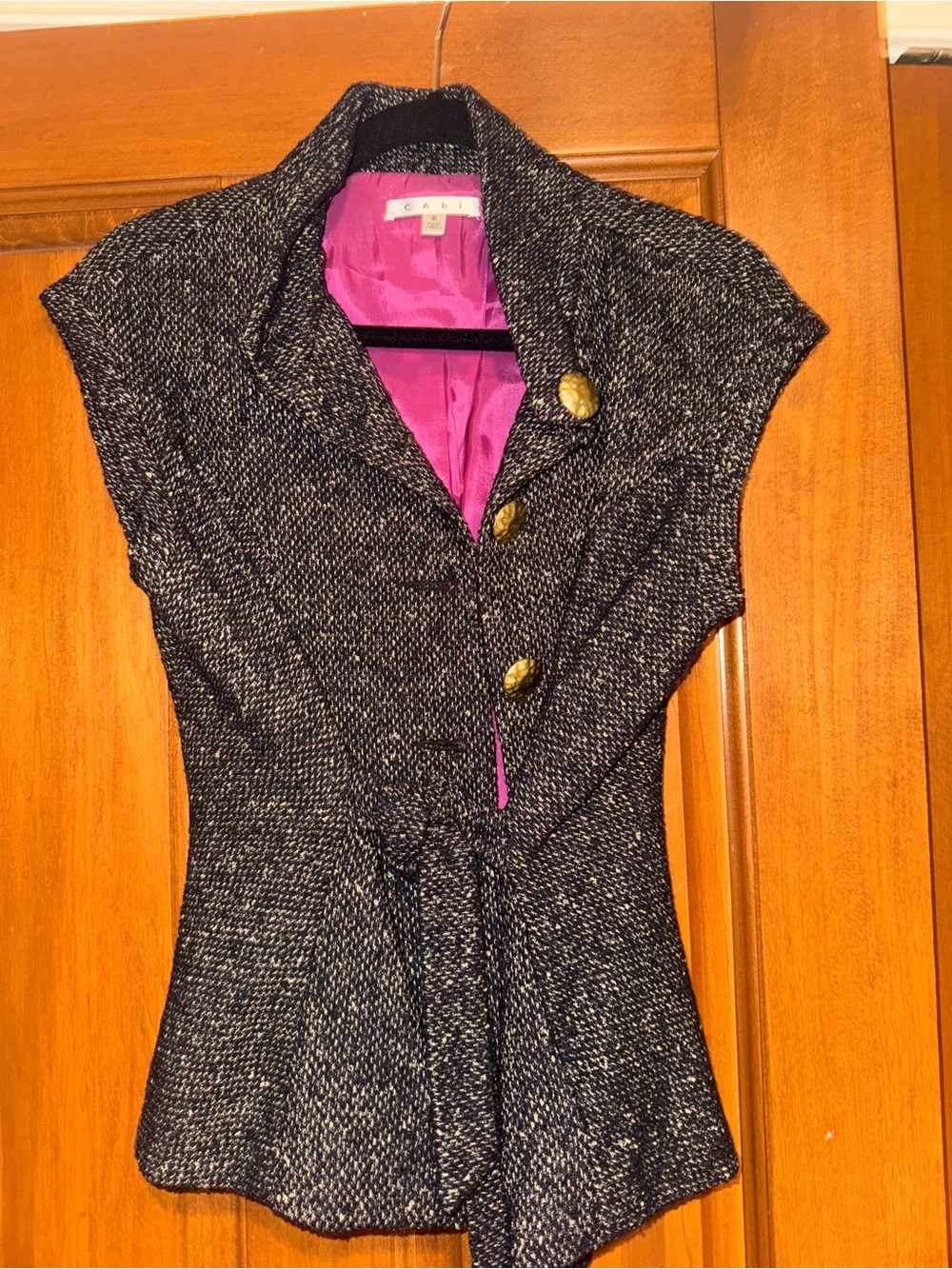CAbi Black Tweed Short-Sleeve Blazer with Pink Lining